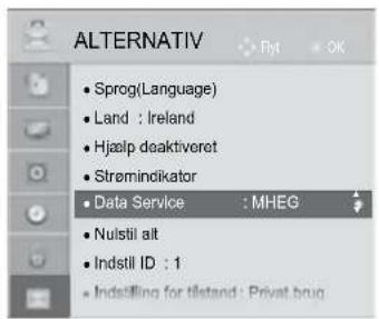 ALTERNATIV • Sprog(Language) • Land : Ireland • Hjælp deaktiveret • Strømininkolor • Data Service : MHEG • Nulstil alt • Indstil ID : 1 • Indstilling for tilestand: Privat brug