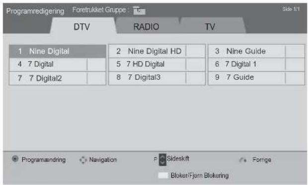 Programredigering Foretrukket Gruppe : DTV RADIO TV 1 Nine Digital 2 Nine Digital HD 3 Nine Guide 4 7 Digital 5 7 HD Digital 6 7 Digital 1 7 7 Digital2 8 7 Digital3 9 7 Guide Programændring Navigation Sideskift Fornge Bloken/Fjern Blokering