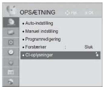 OPSÆTNING • Auto-indstilling • Manuel indstilling • Programredigering • Forstærker : Sluk • CI-oplysninger