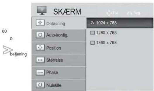 SKÆRM Opløsning Auto-konfig. Position Størrelse Phase Nulstille 1024 x 768 1280 x 768 1360 x 768 betjening