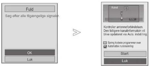 Fuld Søg efter alle tilgængelige signaler. OK Luk Kand K425 Kontroller antenneforbindelsen. Den tidligere kanalinformation vil blive opdaterat via Auto. indstilling. Spring kodee programmer over Automatisk nummering Start Luk