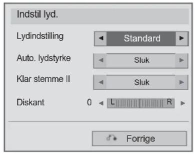 Indstil lyd. Lydindstilling Standard Auto. lydstyrke Sluk Klar stemme II Sluk Diskant 0 L R Forrige