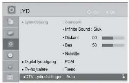 LYD • Lydindstjning : Standard • Infinite Sound : Sluk • Diskant 50 • Bas 50 • Nulstille • Digital lydudgang : PCM • Tv-hølttalere : Tænd • DTV Lydindstillinger : Auto
