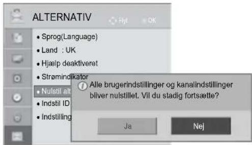 ALTERNATIV • Sprog(Language) • Land : UK • Hjælp deaktiveret • Strømindikator • Nulstil alt • Indstil ID • Indstilling Alle brugerindstillinger og kanalindstillinger bliver nulstillet. Vil du stadig fortsætte? Ja Nej