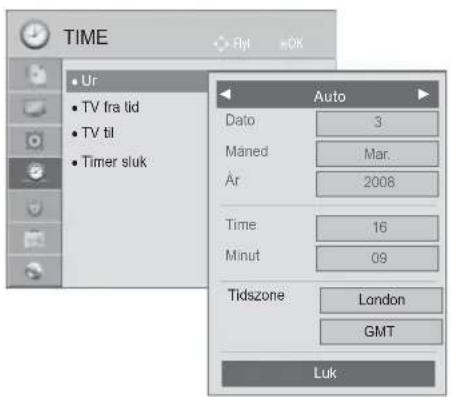 TIME • Ur • TV fra tid • TV til • Timer sluk Auto Dato 3 Måned Mar. År 2008 Time 16 Minut 09 Tidszone London GMT Luk