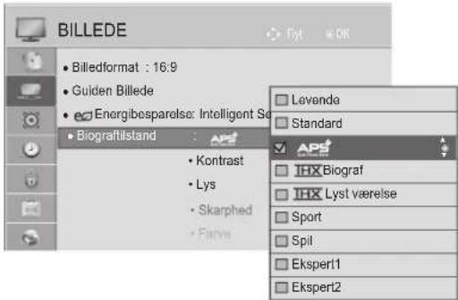 BILLEDE • Billedformat : 16:9 • Guiden Billede • Enorgibesparelse: Intelligent Se • Biograflistand • Kontrast • Lys • Skarphed • Fatys Levende Standard APS IHX Biograf IHX Lyst værelse Sport Spil Ekspert1 Ekspert2