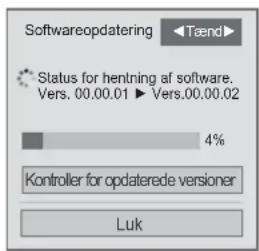 Softwareopdatering Status for hentning af software. Vers. 00.00.01 ▶ Vers.00.00.02 4% Kontroller for opdaterede versioner Luk