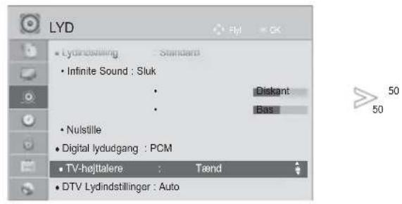 LYD • Lyndinstelling - Standard • Infinite Sound : Sluk • • • Nulstille • Digital lydudgang : PCM • TV-højttalere : Taend • DTV Lydindstillinger : Auto