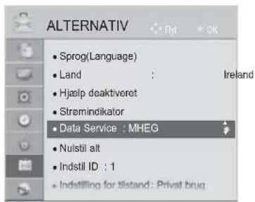 ALTERNATIV • Sprog(Language) • Land : Ireland • Hjælp deaktiveret • Strømindikator • Data Service : MHEG • Nulstil alt • Indstill ID : 1 • Indstilling for tildand : Privat brug