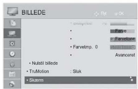 BILLEDE • Nulstil billede • TruMotion : Sluk • Skærm • Farvetmp. 0 • Avanceret • Farve • Farvetone
