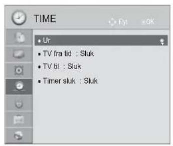 TIME • Ur • TV fra tid : Sluk • TV til : Sluk • Timer sluk : Sluk