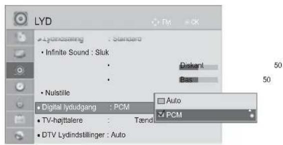 LYD Lydndostling : Standard • Infinite Sound : Sluk • Nulstille • Digital lydudgang : PCM • TV-højttalere : Tænd • DTV Lydindstillinger : Auto Diskant Bas Auto PCM