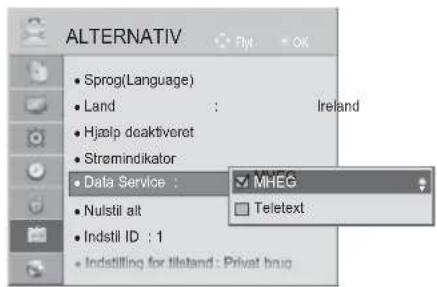 ALTERNATIV Sprog(Language) Land : Ireland Hjælp deaktiveret Strømindikator Data Service : Nulstil alt Indstil ID : 1 Indstilling for tileland : Privat bnuq MHEG Teletext