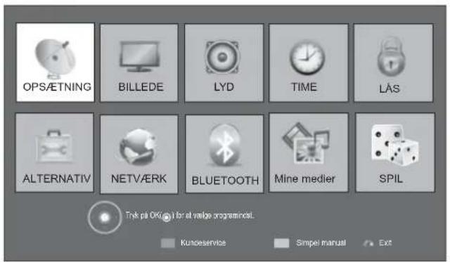 OPSÆTNING BILLEDE LYD TIME LÅS ALTERNATIV NETVÆRK BLUETOOTH Mine medier SPIL Tryk på OK! for at value programinst. Kunceservice Simpel manual Ext