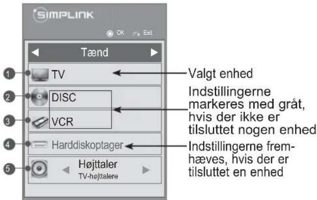 SIMPLINK CK Exit Tænd Valgt enhed Indstillingerne markeres med gråt, hvis der ikke er tilsluttet nogen enhed Indstillingerne frem- hæves, hvis der er tilsluttet en enhed TV DISC VCR Harddiskoptager Højttaler TV-højttalere