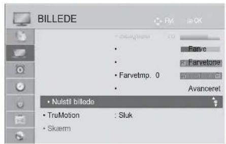 BILLEDE FM OX • Farve • Farvetone • Farvetsmp. 0 • Avanceret • Nulstil billedo • TruMotion : Sluk • Skaem