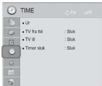 TIME • Ur • TV fra tid : Sluk • TV til : Sluk • Timer sluk : Sluk