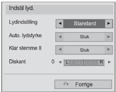 Indstil lyd. Lydindstilling Standard Auto. lydstyrke Sluk Klar stemme II Sluk Diskant 0 L R Forrige