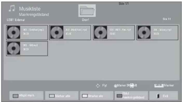 Musikliste Mærkningstilstand USB1 External Drev1 Side 1/1 001 - Schottet.mp3 30.50 002 - A##(Fear).mp4 30.06 003 - A#E1 - Fis.mp7 30.00 004 - A#eay.mp8 30.50 305 - Sifum3 30.50 Flyt Marker Stabilift Marker Marker Afpil mark Marker alle Mmarker ale Matur mærkningstilstand Exit