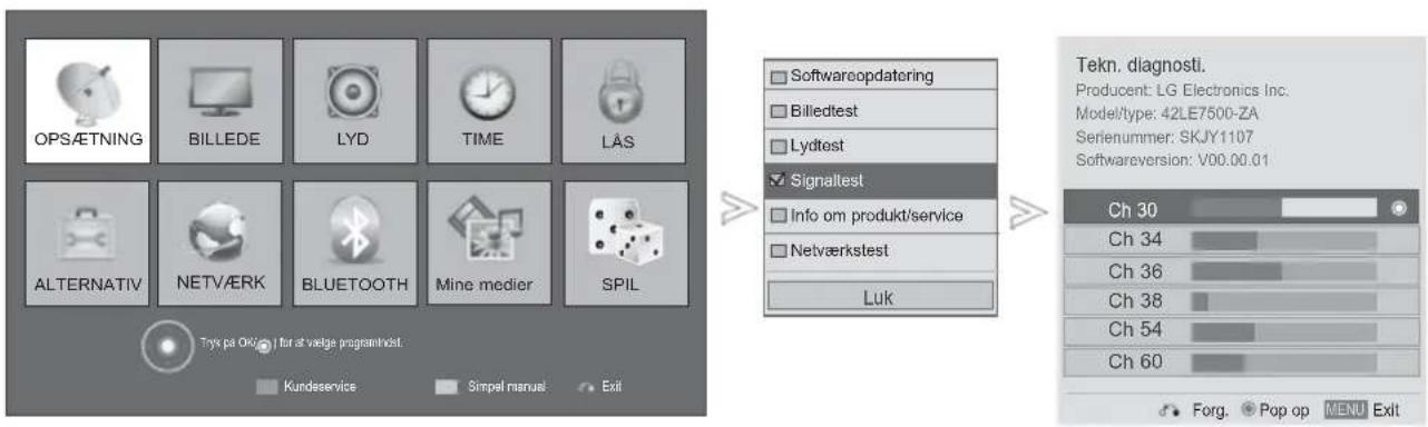 OPSÆTNING BILLEDE LYD TIME LÅS ALTERNATIV NETVÆRK BLUETOOTH Mine medier SPIL Try på Opti for at vedge programindst. Kundeservice Simpel manual Exit Softwareopdatering Billedtest Lydtest Signaltest Info om produkt/service Netværkstest Luk Tekn. diagnosti. Producent: LG Electronics Inc. Model/type: 42LE7500-ZA Serienummer: SKJY1107 Softwareversion: V00.00.01 Ch 30 Ch 34 Ch 36 Ch 38 Ch 54 Ch 60 Forg. Pop op MENU Exit