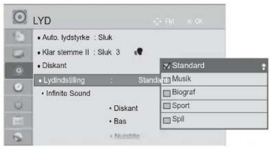 LYD • Auto. lydstyrke : Sluk • Klar stemme II : Sluk 3 • Diskant • Lydlndstilling : Standard • Infinite Sound • Diskant • Bas • Multistille Standard Musik Biograf Sport Spil