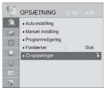 OPSÄETNING • Auto-indstilling • Manuel indstilling • Programredigering • Forstærker : Sluk • CI-oplysninger