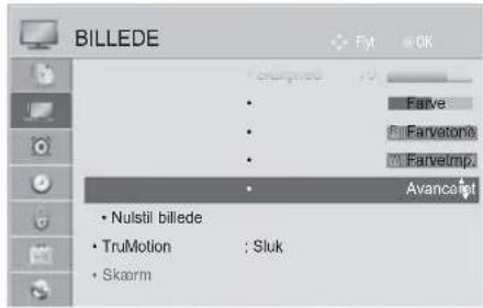 BILLEDE • Nulstil billede • TruMotion : Sluk • Skaorm • Avance • Farvetone • Farvetmp • Fative
