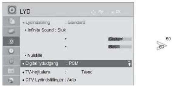 LYD • Lydindstilling : Standard • Infinite Sound : Sluk • Diskant • Bas • Nulstille • Digital lydudgang : PCM • TV-højtalere : Tænd • DTV Lydindstillinger : Auto