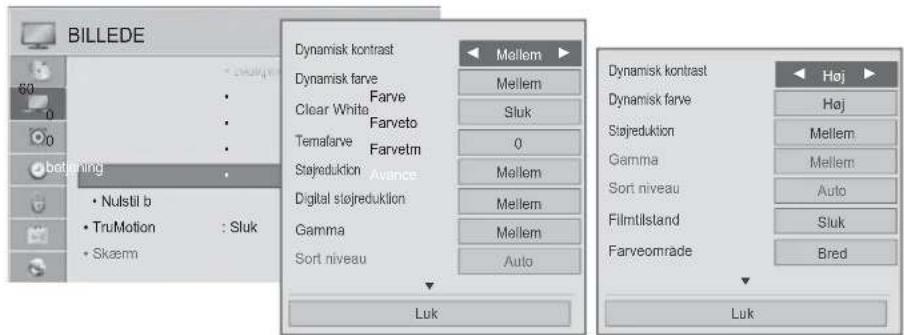 BILLEDE 60 0 0 beginning • Nulstil b • TruMotion : Sluk • Skaem Dynamisk kontrast Dynamisk farve Farve Clear White Farveto Temalfarve Farvetm Stajreduktion Avance Digital stojreduktion Gamma Sort niveau Mellem Mellem Sluk 0 Mellem Mellem Mellem Auto Luk Dynamisk kontrast Dynamisk farve Slajreduktion Gamma Sort niveau Filmtllstand Farveomrade Høj Høj Mellem Mellem Auto Sluk Bred Luk