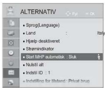 ALTERNATIV Sprog(Language) Land Hjælp deaktiveret Strømindikator Start MHP automatisk : Sluk Nulstil alt Indstil ID : 1 Indstilling for tilstand: Privat brug