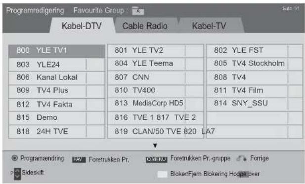 Programredigering Favourite Group : Kabel-DTV Cable Radio Kabel-TV 800 YLE TV1 801 YLE TV2 802 YLE FST 803 YLE24 804 YLE Teema 805 TV4 Stockholm 806 Kanal Lokal 807 CNN 808 TV4 809 TV4 Plus 810 TV400 811 TV4 Film 812 TV4 Fakta 813 MediaCorp HD5 814 SNY_SSU 815 Demo 816 TVE 1 817 TVE 2 818 24H TVE 819 CLAN/50 TVE 820 LA7 Programendring FAY Foretrukken Pr. QM-RJ Foretrukken Pr.-gruppe Forige Sideskift Bicker/Fjem Bickering Hoppe over