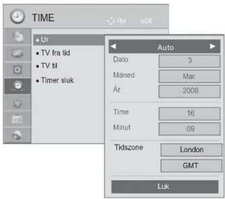 TIME • Ur • TV fra tid • TV til • Timer sluk Auto Dato 3 Måned Mar. År 2008 Time 16 Minut 09 Tidszone London GMT Luk