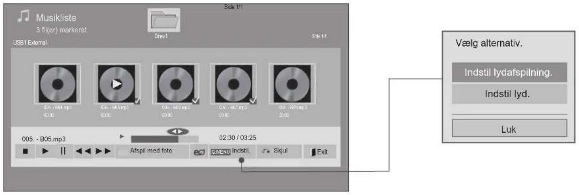 Musikliste 3 fil(er) markeret USB1 External Drev1 Side 1/1 005 - B05.mp3 0:00 006 - B05.mp3 0:00 007 - B05.mp3 0:00 008 - B05.mp3 0:00 009 - B05.mp3 0:00 005 - B05.mp3 02:30 / 03:25 Vælg alternativ. Indstil lydafspilning. Indstil lyd. Luk Afspil med foto OPEN Indo Skjul Exit