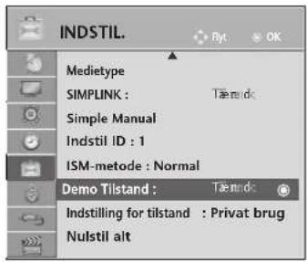 INDSTIL. Medietype SIMPLINK : Tæmɪdɔ Simple Manual Indstil ID : 1 ISM-metode : Normal Demo Tilstand : Tæmɪdɔ Indstilling for tilstand : Privat brug Nulstil alt