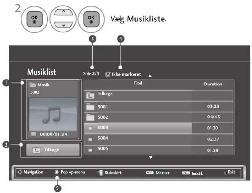 2 OK OK Væg Musikliste. 3 4 Musiclist Side 2/3 Ikke markeret Titel Duration 1 Musik 5003 00:00/01:34 2 Tilbage Navigation Pop op-menu Sideskift Marker Indstil Exit