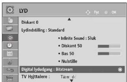 LYD Diskant 0 Lydindstilling : Standard • Infinite Sound : Sluk • Diskant 50 • Bas 50 • Nulstille Digital lydudgang : Bitstream TV Hsjttalere : Tæm: d