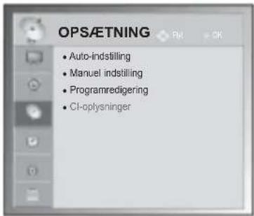 OPSÆTNING • Auto-indstilling • Manuel indstilling • Programredigering • CI-oplysninger