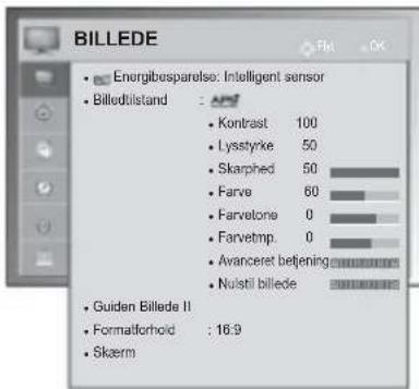 BILLEDE • Energibesparelse: Intelligent sensor • Billedtilstand : 100 • Kontrast 100 • Lysstyrke 50 • Skarched 50 • Farve 60 • Farvetone 0 • Farvtemp. 0 • Avanceret betjening • Nulstil billede • Guiden Billede II • Formatforhold : 16.9 • Skærm