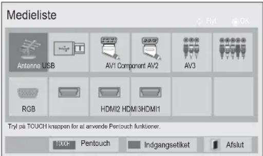 Medieliste Antenne USB AV1 Component AV2 AV3 RGB HDMI2 HDMI3HDMI1 Try på TOUCH knappen for al anvende Pentouch funktioner. 100K Pentouch Indgangsetiket Afslut