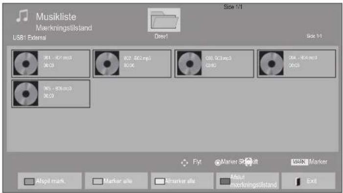 Musikliste Mærkningstillstand USB1 External Drev1 Size 1/1 Size 1/1 001 - 827.mp3 06:20 0.27 - 602.mp3 05:30 001 - 954.mp3 06:30 001 - 954.mp3 06:30 Fyt Marker 3Dift Mask Marker Alspit mark Marker alle Almarker alle Aflut mærkningstillstand Exit