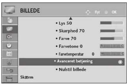 BILLEDE • Lys 50 • Skarphed 70 • Farve 70 • Farvetone 0 • Farvetemperatur 0 • Avanceret betjening • Nulstil billede Skærm