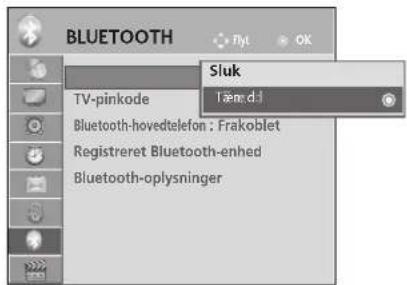 BLUETOOTH Sluk TV-pinkode Tømd.1 Bluetooth-hovedtelefon : Frakoblet Registreret Bluetooth-enhed Bluetooth-oplysninger