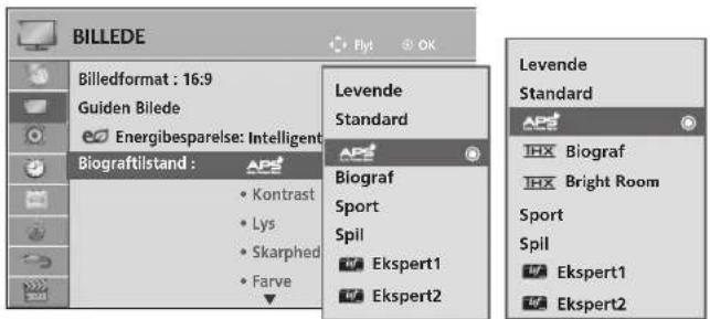 BILLEDE Billedformat : 16:9 Guiden Bilede Energibesparelse: Intelligent Biograftilstand : • Kontrast • Lys • Skarphed • Farve Levende Standard • Biograf Sport Spil • Ekspert1 • Ekspert2 Levende Standard • IHX Biograf • IHX Bright Room Sport Spil • Ekspert1 • Ekspert2