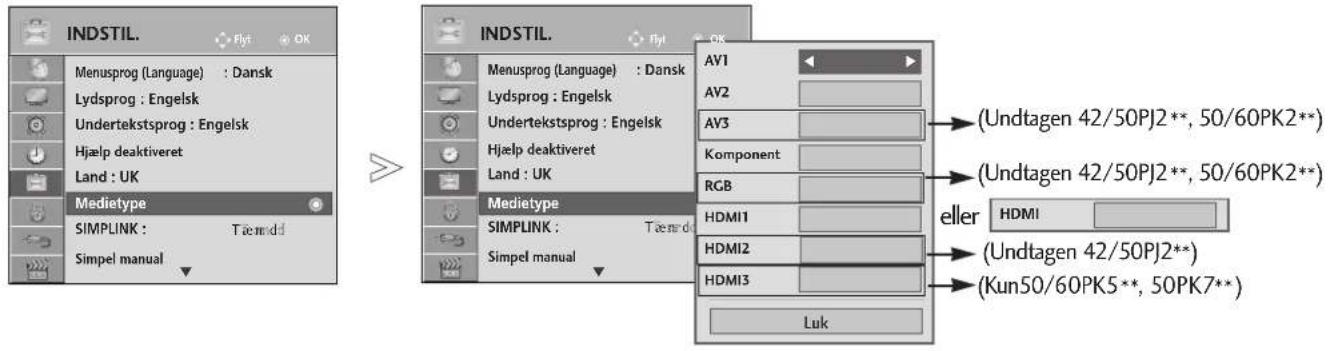 INDSTIL. Flyt OK Menusprog (Language) : Dansk Lydsprog : Engelsk Undertekstsprog : Engelsk Hjælp deaktiveret Land : UK Medietype SIMPLINK : Tænmdd Simpel manual INDSTIL. Flyt OK AV1 AV2 AV3 Komponent RGB HDMI1 HDMI2 HDMI3 Luk (Undtagen 42/50PJ2**, 50/60PK2*) (Undtagen 42/50PJ2**, 50/60PK2*) eller HDMI (Undtagen 42/50PJ2*) (Kun50/60PK5**, 50PK7**)