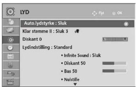 LYD Auto.lydstyrke : Sluk Klar stemme II : Sluk 3 Diskant 0 Lydindstilling : Standard • Infinite Sound : Sluk • Diskant 50 • Bas 50 • Nulstille