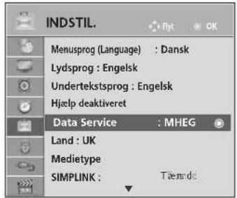 INDSTIL. Menusprog (Language) : Dansk Lydsprog : Engelsk Undertekstsprog : Engelsk Hjælp deaktiveret Data Service : MHEG Land : UK Medietype SIMPLINK : Tæmndt
