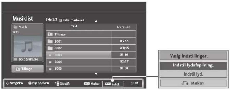Musiklist Side 2/3 ✓ Ikke markeret Titel Duration S002 Tilbage S001 03:33 S002 04:45 S003 01:30 S004 02:37 S005 01:58 Vælg indstillinger. Indstil lydafspilning. Indstil lyd. Markers Navigation Pop op-menu Sideskift Marker Indstil. Exit