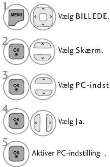 1 MENU Vælg BILLEDE. 2 OK Vælg Skærm. 3 OK Vælg PC-indst 4 OK Vælg Ja. 5 OK Aktiver PC-indstilling .