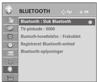 BLUETOOTH Bluetooth : Sluk Bluetooth TV-pinkode : 0000 Bluetooth-hovedtelefon : Frakoblet Registreret Bluetooth-enhed Bluetooth-oplysninger