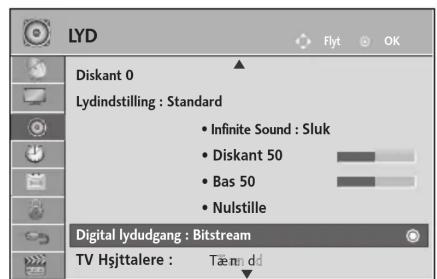 LYD Diskant 0 Lydindstilling : Standard • Infinite Sound : Sluk • Diskant 50 • Bas 50 • Nulstille Digital lydudgang : Bitstream TV Hsjttalere : Tændd